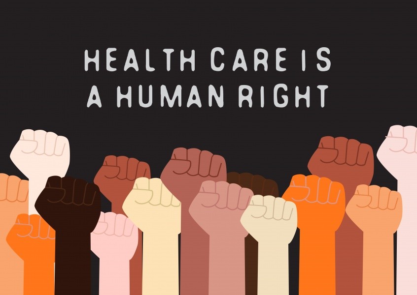 Picture of fists in the air with the caption, 'Healthcare is human right.'